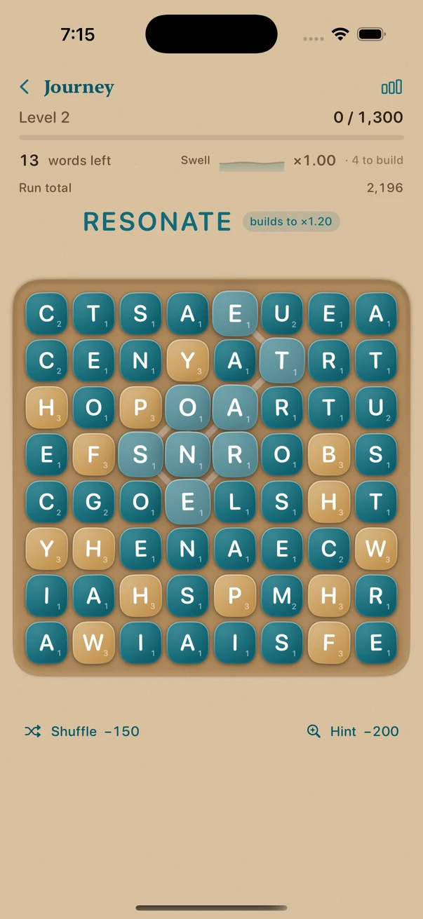 A Lexicove board mid-word: the letters R-E-S-O-N-A-T-E lit along a trail through the grid, with a tag reading “builds to ×1.20”.